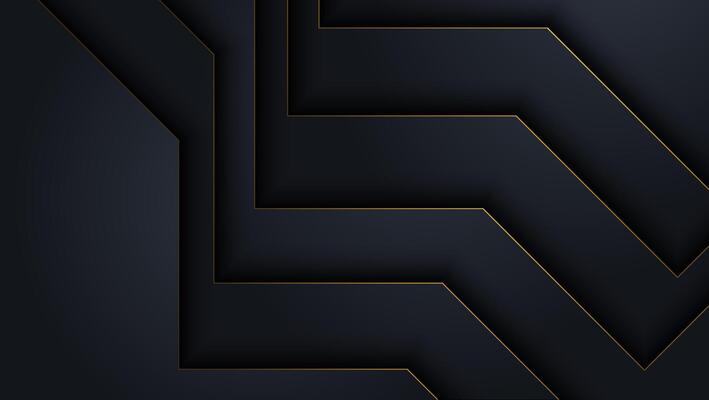 Abstract 3d background with black paper layers. Geometric illustration of carbon sliced shapes textured with golden glittering dots.