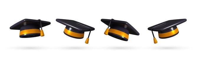Set of 3D graduation cap icon. Symbolizing completion of high school, college, or university. Mortarboard representing education and degree ceremonies. 3D rendering. vector