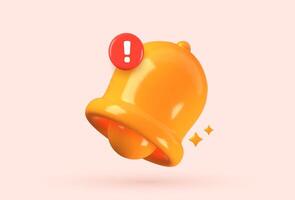 3D bell with red danger alert notification. Indicates new important message or urgent online call. Cartoon-style icon isolated on a white background. vector