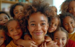 A Group of Happy Children Huddle Close for a Group Photo