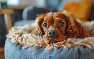 A Cavalier King Charles Spaniel Resting in a Cozy Dog Bed photo