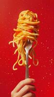 Hand Holding Fork With Spaghetti and Red Sauce Against Red Background photo