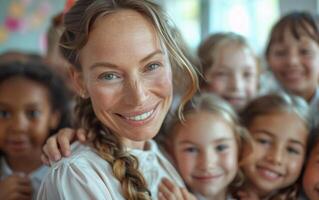 A Teacher's Radiant Smile Surrounded by Students in a Classroom photo