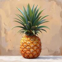 A Single Ripe Pineapple on a White Surface Against a Tan Wall photo
