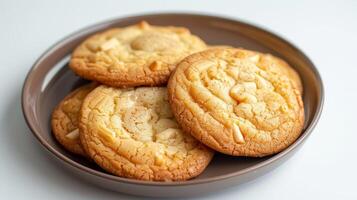 Close Up of Soft Baked White Chocolate Macadamia Nut Cookies on a Brown Plate photo