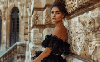 A Woman in Black Lace Gazes Out From an Ornate Stone Building photo