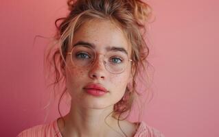 A Young Woman With Freckles and Glasses Gazes Directly at the Camera Against a Pink Background photo