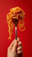 A Single Forkful of Spicy Noodles Against a Red Background photo
