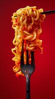 Close Up Of Spicy Noodles On A Fork Against Red Background photo
