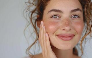 A Close-Up Portrait of a Woman With Freckles, Smiling Softly in the Afternoon Light photo