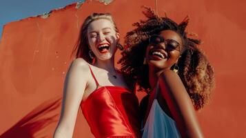 Two Women Laughing in Front of an Orange Wall on a Sunny Day photo