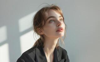 A Woman Gazes Upwards Through Sunlit Window photo
