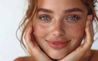 un amable sonrisa con pecas y besado por el Sol piel foto