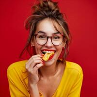 Smiling Woman With Red Lipstick Eating a Chip in a Yellow Shirt Against a Red Background photo