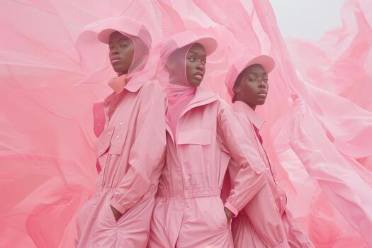 Three Models Posing in Pink Jumpsuits and Caps Against a Pink Fabric Background photo