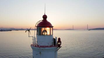 Drone view of the old Tokarevsky lighthouse at dawn video