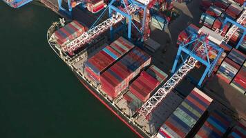 Drone view of the cargo terminal with cargo ships video