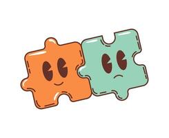Two puzzle pieces, retro cartoon groovy characters vector