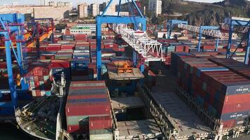Drone view of the cargo terminal with cargo ships video