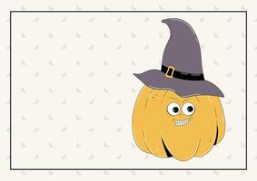 Groovy retro Happy Halloween background with empty space. Funky yellow character pumpkin in a hat. illustration template. vector
