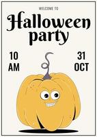 Groovy retro Happy Halloween invitation for party. Funky yellow character pumpkin with spooky and skary face. illustration template. vector