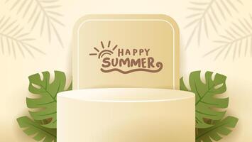 A summer-themed background podium featuring green leaves. The background is designed in a paper craft style with EPS 10 format. vector