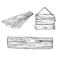 Hand drawing set of wooden boxes and crate. illustration of wooden board and chair on white background. Timber objects vector