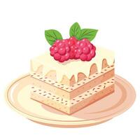 A piece of cake on a saucer with raspberries on top. Sponge cake covered with white glaze. Raspberries add bright colors and a touch of freshness. vector