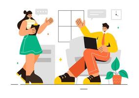 Illustration of a Coworking Business with Colleagues Talking, Meeting, and Working in a Flat Style Cartoon Office Background vector