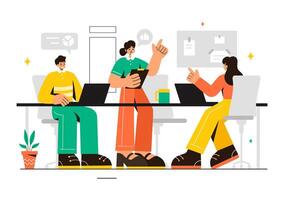 Illustration of a Coworking Business with Colleagues Talking, Meeting, and Working in a Flat Style Cartoon Office Background vector