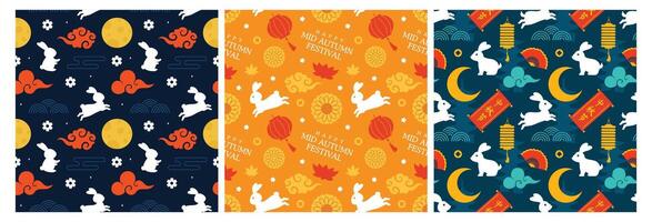 Mid Autumn Seamless Pattern Design with Decorative Elements in Hand Drawn Cartoon Flat Illustration Template vector