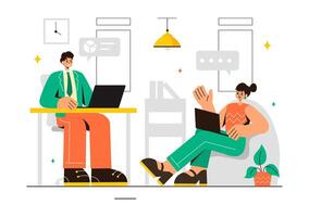 Illustration of a Coworking Business with Colleagues Talking, Meeting, and Working in a Flat Style Cartoon Office Background vector