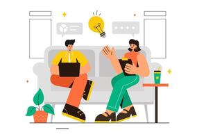 Illustration of a Coworking Business with Colleagues Talking, Meeting, and Working in a Flat Style Cartoon Office Background vector
