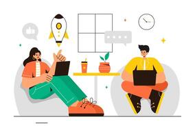 Illustration of a Coworking Business with Colleagues Talking, Meeting, and Working in a Flat Style Cartoon Office Background vector