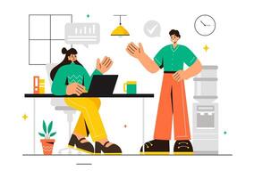 Illustration of a Coworking Business with Colleagues Talking, Meeting, and Working in a Flat Style Cartoon Office Background vector