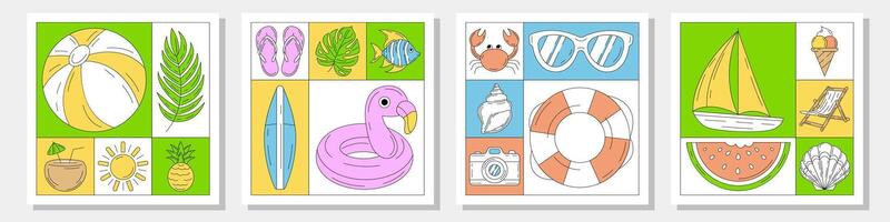 Set of geometric modern square card with simple minimalist summer beach colorful elements. Collection of trendy background, geometry. Abstract layout for poster, cover, brochure, party, banner vector