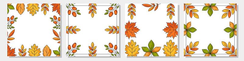 Set of autumn sale square cards, fall postcard with maple, oak, chestnut, rowan, aspen leaves, rosehip border frame. Isolated background, space for text. Collection for banner, poster, social media vector