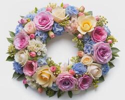 A photorealistic close-up of a flower wreath on a white background. photo