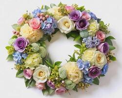 A photorealistic close-up of a flower wreath on a white background. photo