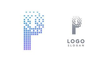 Pixelated Letter P transitioning into scattered pixels with gradient colors creating modern, digital effect like equalizer. Abstract logo for tech software and digital media. illustration. vector