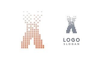 Pixelated Letter X transitioning into scattered pixels with gradient colors creating modern, digital effect like equalizer. Abstract logo for tech software and digital media. illustration. vector
