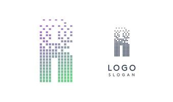 Pixelated Letter R transitioning into scattered pixels with gradient colors creating modern, digital effect like equalizer. Abstract logo for tech software and digital media. illustration. vector