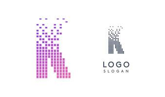 Pixelated Letter K transitioning into scattered pixels with gradient colors creating modern, digital effect like equalizer. Abstract logo for tech software and digital media. illustration. vector