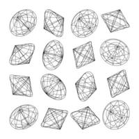 Wireframe lined shapes. Perspective mesh, 3d grid. Low poly geometric elements. Retro futuristic design elements, y2k, vaporwave and synthwave style. illustration vector