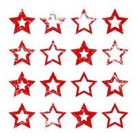 Red vintage stars with cracks and stains. Old hand-drawn sign, black simple shape. Retro design element with distressed effect, grunge texture. illustration vector