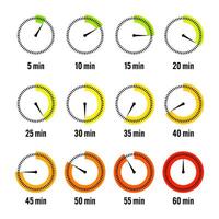 Simple stopwatch icons. Colorful chronometer, time counter with dial. Countdown timer showing hours and minutes. Deadline, measurement for sport. Cooking time label, sticker. illustration vector