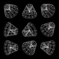 Wireframe lined shapes. Perspective mesh, 3d grid. Low poly geometric elements. Retro futuristic design elements, y2k, vaporwave and synthwave style. illustration vector