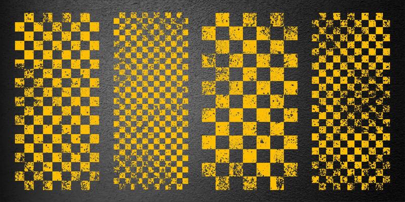 Asphalt road with yellow start or finish checkered line marking, concrete highway surface, texture. Street traffic lane, road dividing strip. Pattern with grainy structure. illustration