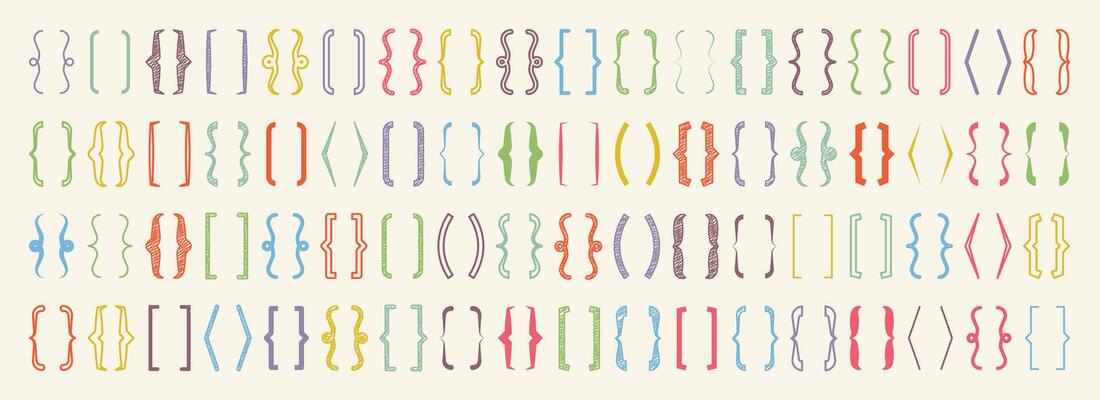 Shaded text brackets, colorful quotation box. Curly, square and corner parentheses. Vintage typographical symbol, calligraphic quote frame. Doodle, lettering element. illustration