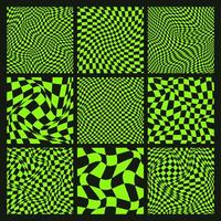Trendy checkered pattern, black and green distorted tiled grid. Wavy curved backdrop, distortion effect. Funky geometric chessboard texture, retro background in 90s style, y2k. illustration vector